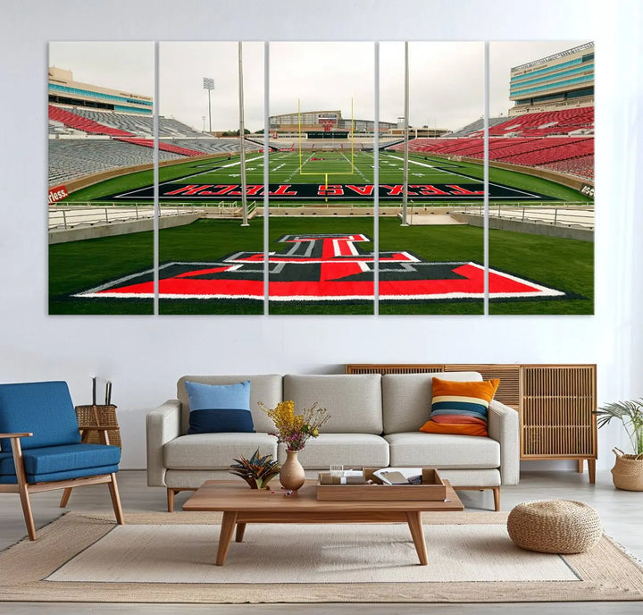 The Texas Tech Red Raiders Football Team Print, featuring the Lubbock Jones AT&T Stadium, is elegantly displayed in a gallery-quality finish across three panels. This wall art enhances the modern living room ambiance.