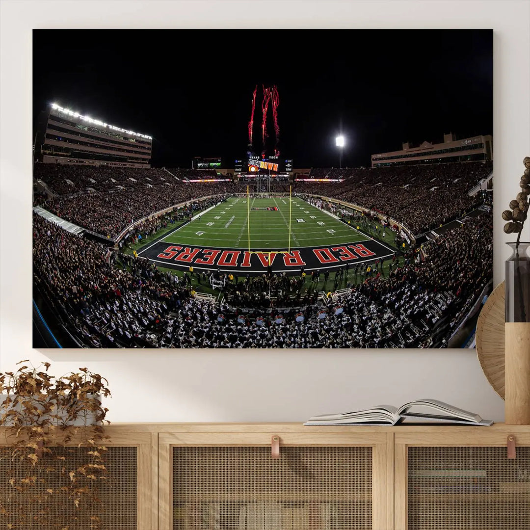 A modern living room is beautifully decorated with the "Texas Tech Red Raiders Football Team Print - Lubbock Jones AT&T Stadium Wall Art Canvas Print," showcasing a bustling football stadium. This gallery-quality canvas print exudes vibrancy and elegance.