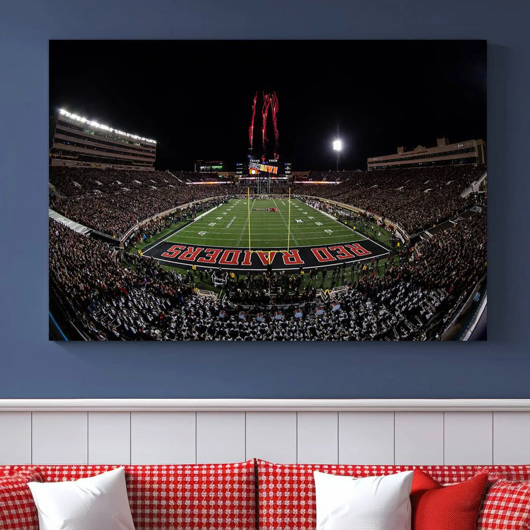 A modern living room is beautifully decorated with the "Texas Tech Red Raiders Football Team Print - Lubbock Jones AT&T Stadium Wall Art Canvas Print," showcasing a bustling football stadium. This gallery-quality canvas print exudes vibrancy and elegance.