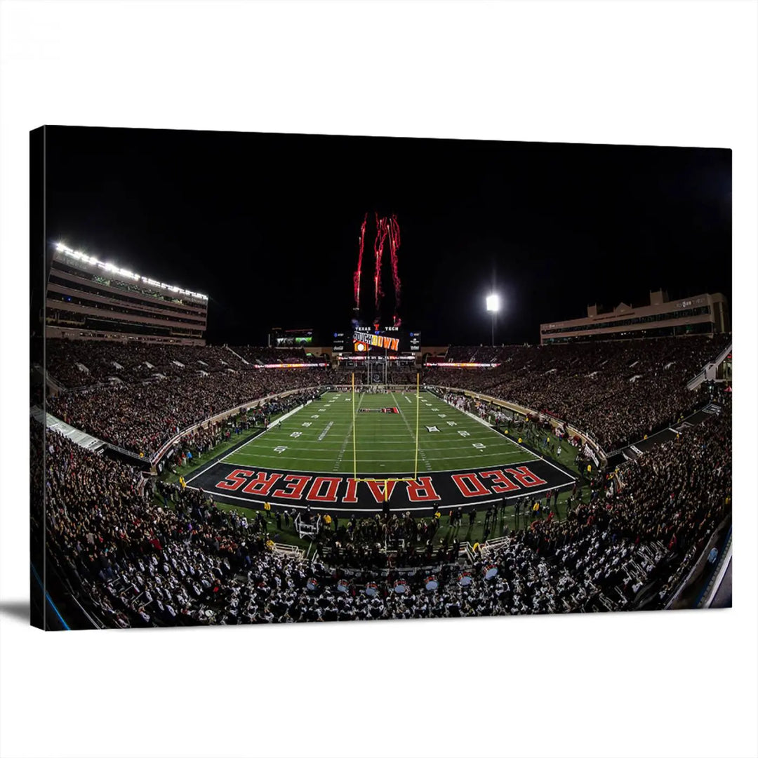 A modern living room is beautifully decorated with the "Texas Tech Red Raiders Football Team Print - Lubbock Jones AT&T Stadium Wall Art Canvas Print," showcasing a bustling football stadium. This gallery-quality canvas print exudes vibrancy and elegance.