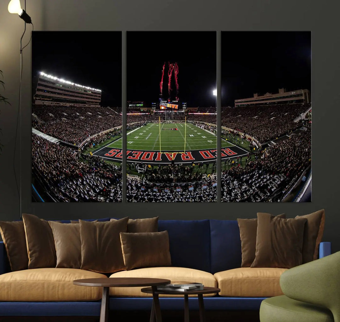 A modern living room is beautifully decorated with the "Texas Tech Red Raiders Football Team Print - Lubbock Jones AT&T Stadium Wall Art Canvas Print," showcasing a bustling football stadium. This gallery-quality canvas print exudes vibrancy and elegance.