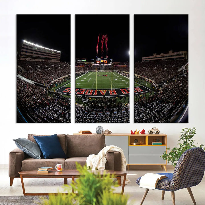 A modern living room is beautifully decorated with the "Texas Tech Red Raiders Football Team Print - Lubbock Jones AT&T Stadium Wall Art Canvas Print," showcasing a bustling football stadium. This gallery-quality canvas print exudes vibrancy and elegance.