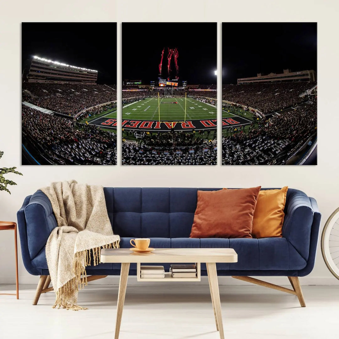 A modern living room is beautifully decorated with the "Texas Tech Red Raiders Football Team Print - Lubbock Jones AT&T Stadium Wall Art Canvas Print," showcasing a bustling football stadium. This gallery-quality canvas print exudes vibrancy and elegance.