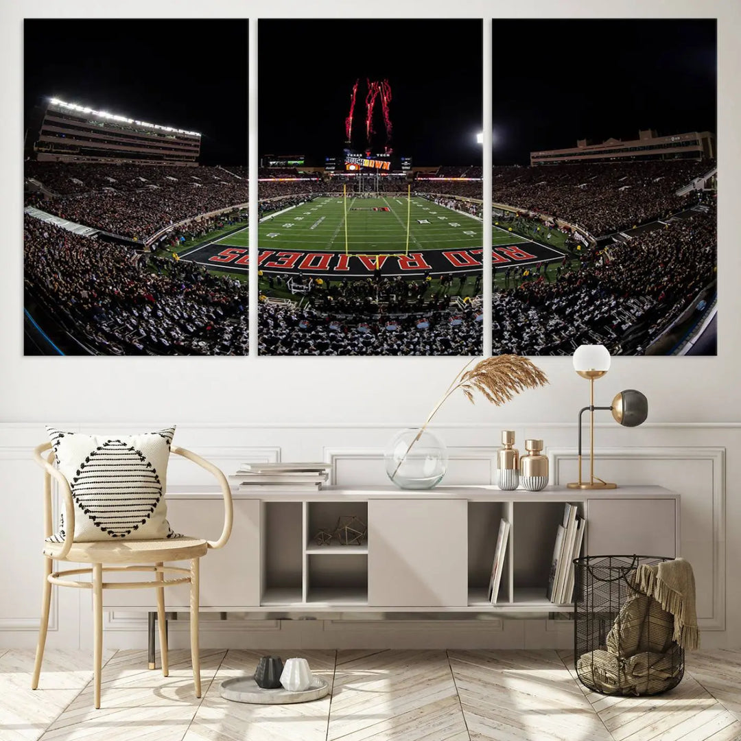 A modern living room is beautifully decorated with the "Texas Tech Red Raiders Football Team Print - Lubbock Jones AT&T Stadium Wall Art Canvas Print," showcasing a bustling football stadium. This gallery-quality canvas print exudes vibrancy and elegance.