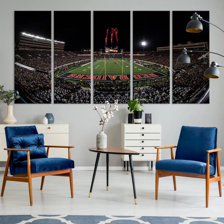 A modern living room is beautifully decorated with the "Texas Tech Red Raiders Football Team Print - Lubbock Jones AT&T Stadium Wall Art Canvas Print," showcasing a bustling football stadium. This gallery-quality canvas print exudes vibrancy and elegance.