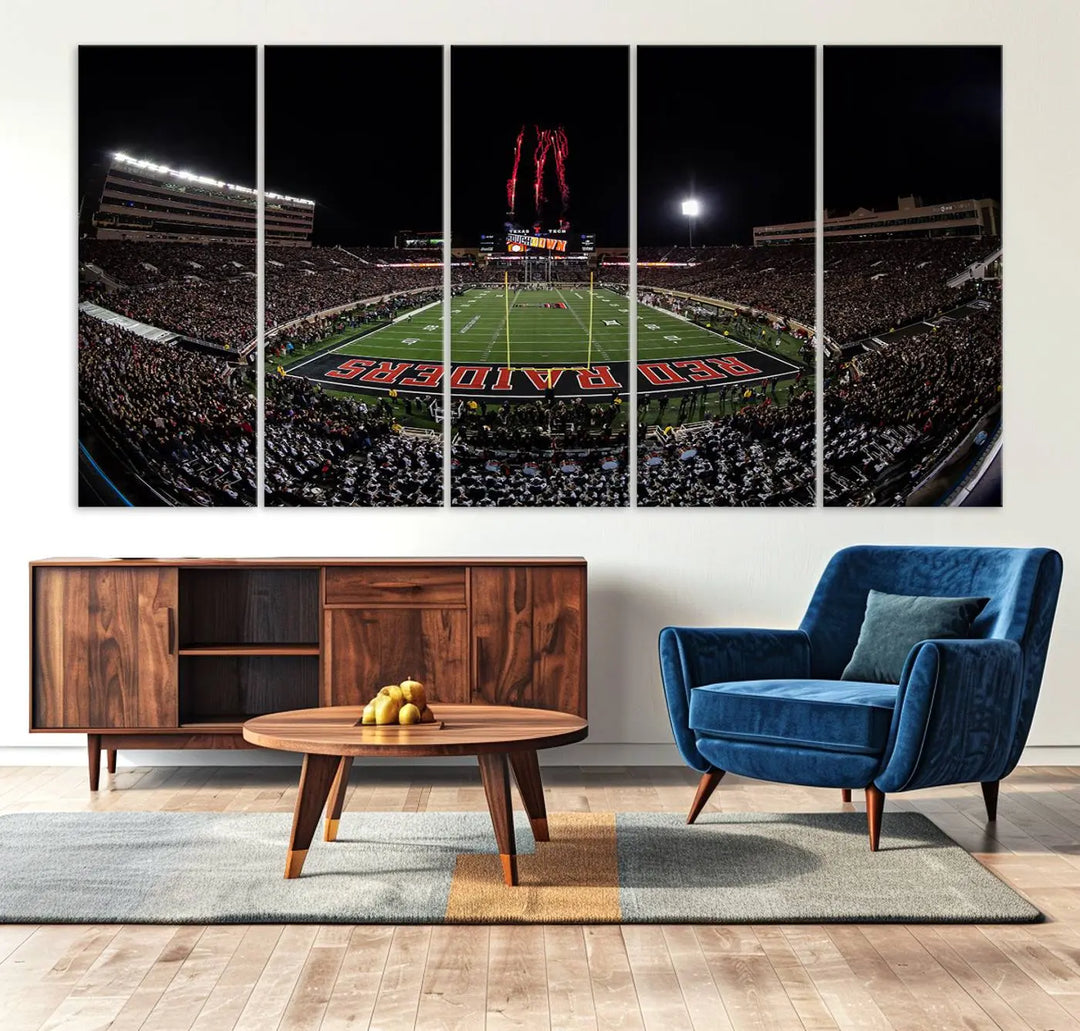 A modern living room is beautifully decorated with the "Texas Tech Red Raiders Football Team Print - Lubbock Jones AT&T Stadium Wall Art Canvas Print," showcasing a bustling football stadium. This gallery-quality canvas print exudes vibrancy and elegance.