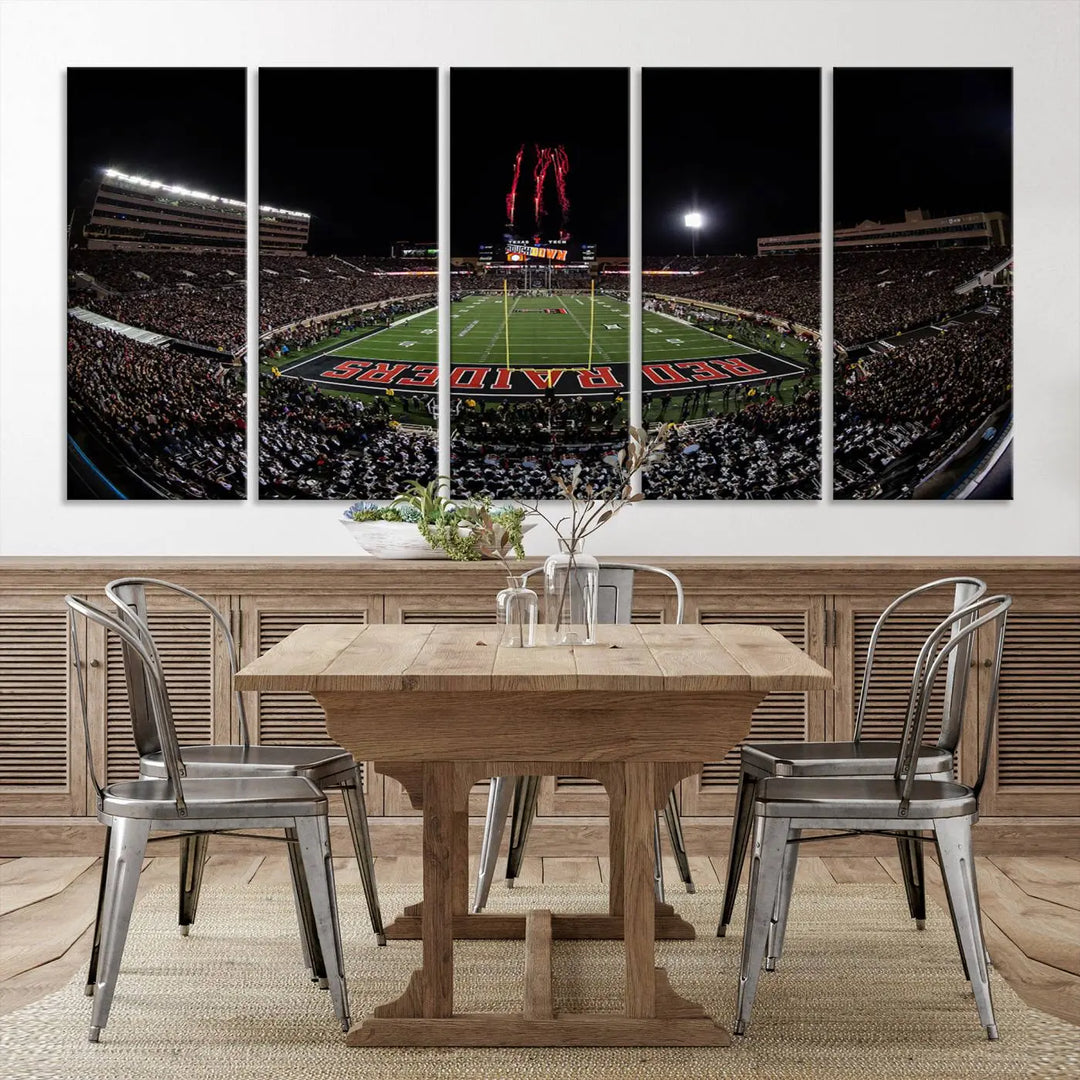 A modern living room is beautifully decorated with the "Texas Tech Red Raiders Football Team Print - Lubbock Jones AT&T Stadium Wall Art Canvas Print," showcasing a bustling football stadium. This gallery-quality canvas print exudes vibrancy and elegance.