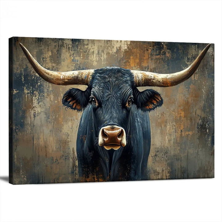 A Texas Western wall art triptych titled "Abstract Cow Longhorn Bull Wall Art Canvas Print" hangs majestically, showcasing its intricate design and bold presence.