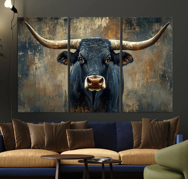 A Texas Western wall art triptych titled "Abstract Cow Longhorn Bull Wall Art Canvas Print" hangs majestically, showcasing its intricate design and bold presence.