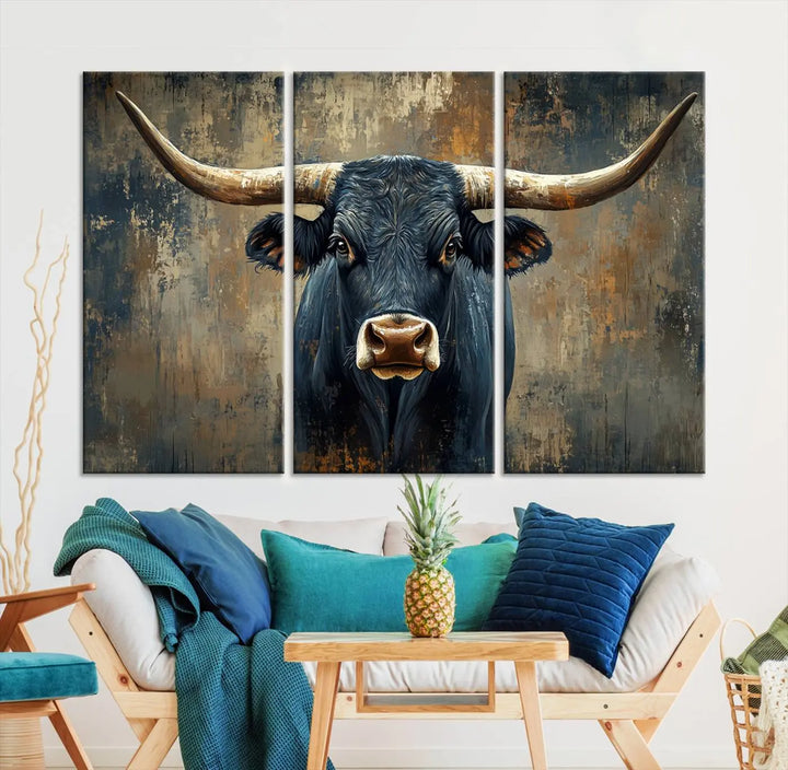 A Texas Western wall art triptych titled "Abstract Cow Longhorn Bull Wall Art Canvas Print" hangs majestically, showcasing its intricate design and bold presence.