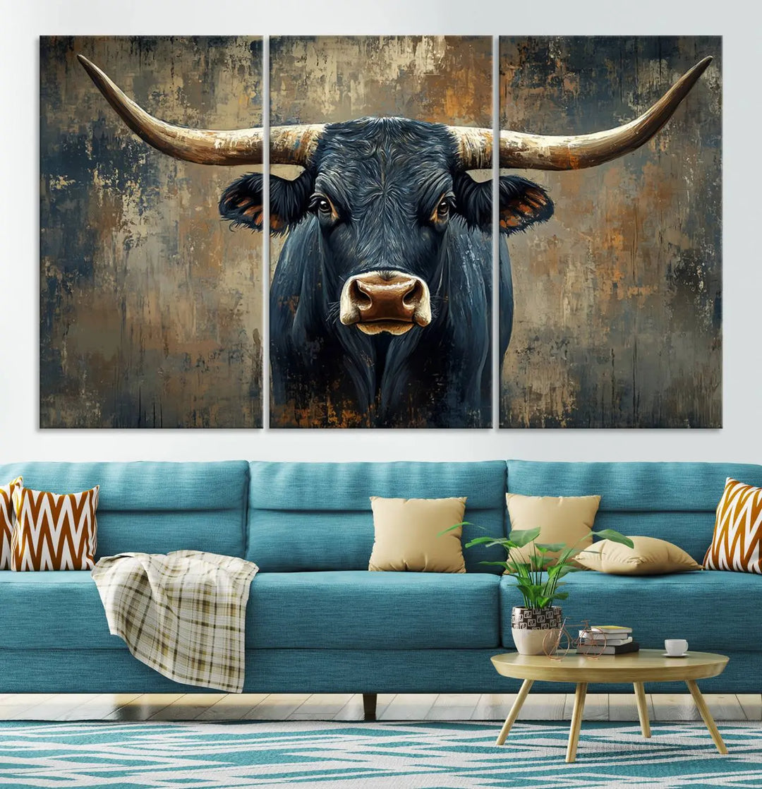 A Texas Western wall art triptych titled "Abstract Cow Longhorn Bull Wall Art Canvas Print" hangs majestically, showcasing its intricate design and bold presence.