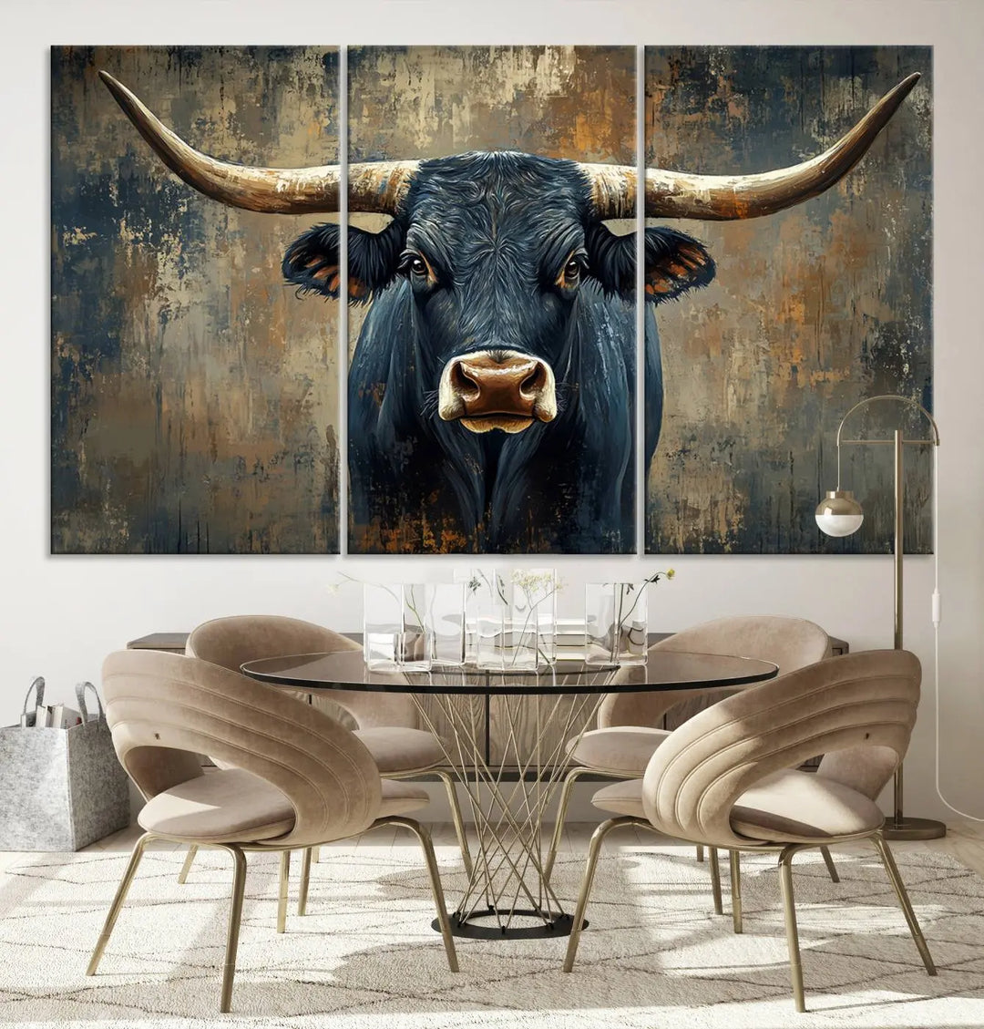 A Texas Western wall art triptych titled "Abstract Cow Longhorn Bull Wall Art Canvas Print" hangs majestically, showcasing its intricate design and bold presence.