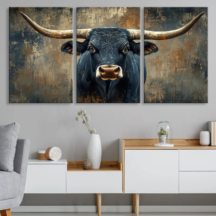 A Texas Western wall art triptych titled "Abstract Cow Longhorn Bull Wall Art Canvas Print" hangs majestically, showcasing its intricate design and bold presence.