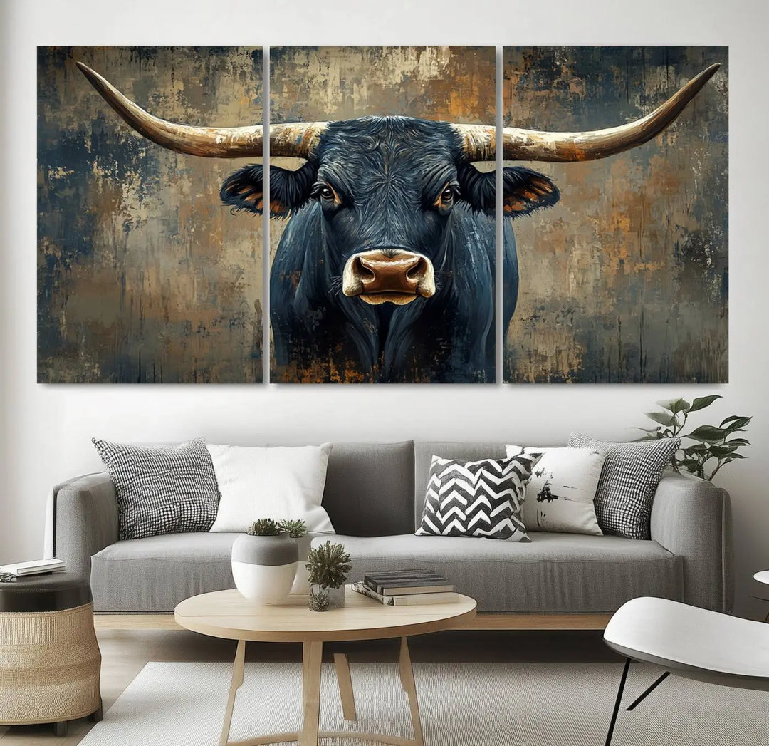 A Texas Western wall art triptych titled "Abstract Cow Longhorn Bull Wall Art Canvas Print" hangs majestically, showcasing its intricate design and bold presence.