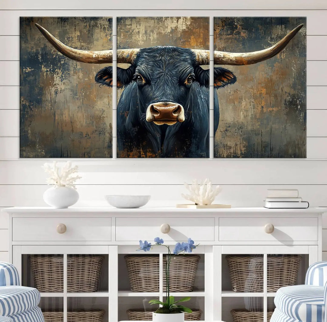 A Texas Western wall art triptych titled "Abstract Cow Longhorn Bull Wall Art Canvas Print" hangs majestically, showcasing its intricate design and bold presence.