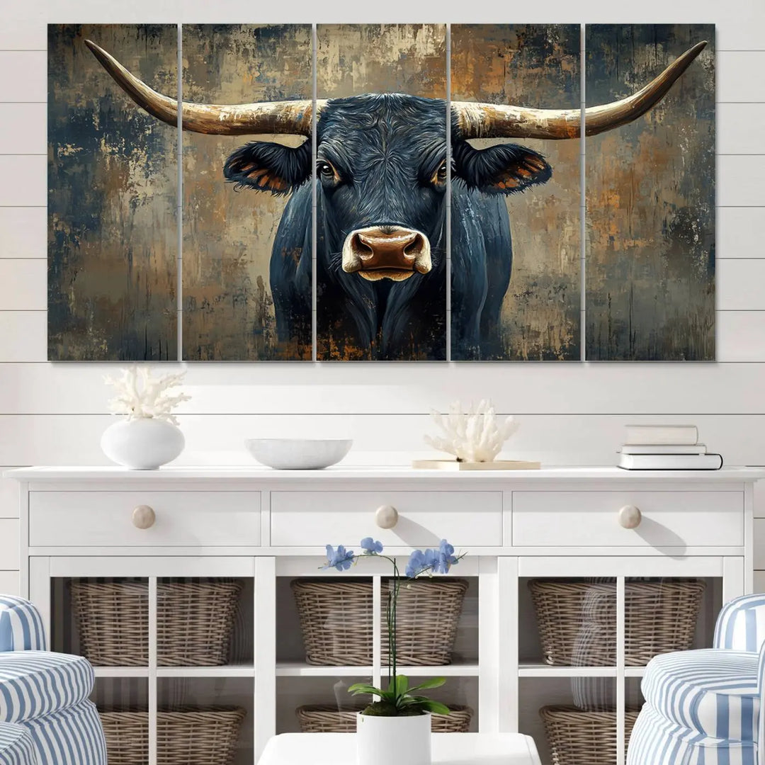 A Texas Western wall art triptych titled "Abstract Cow Longhorn Bull Wall Art Canvas Print" hangs majestically, showcasing its intricate design and bold presence.