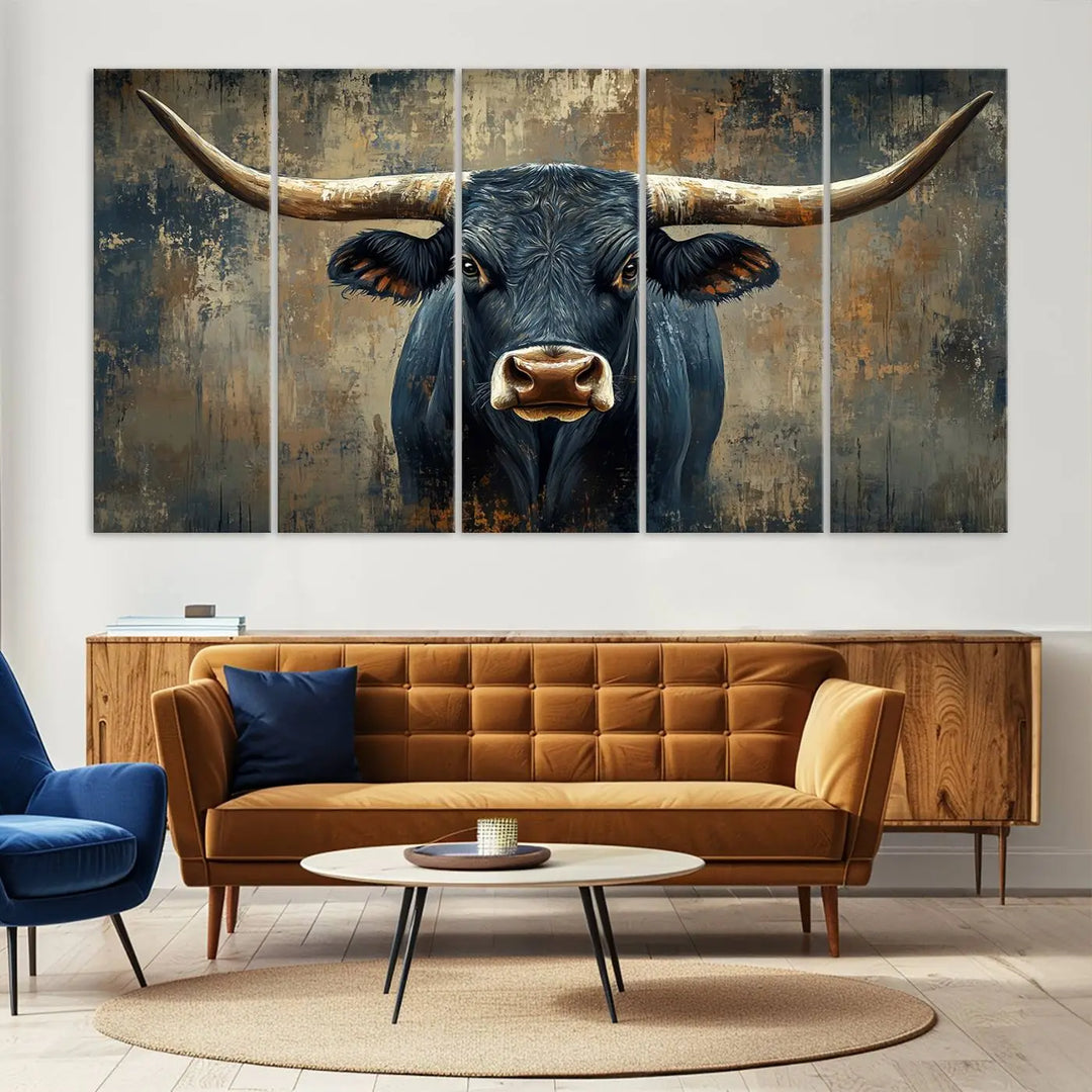 A Texas Western wall art triptych titled "Abstract Cow Longhorn Bull Wall Art Canvas Print" hangs majestically, showcasing its intricate design and bold presence.