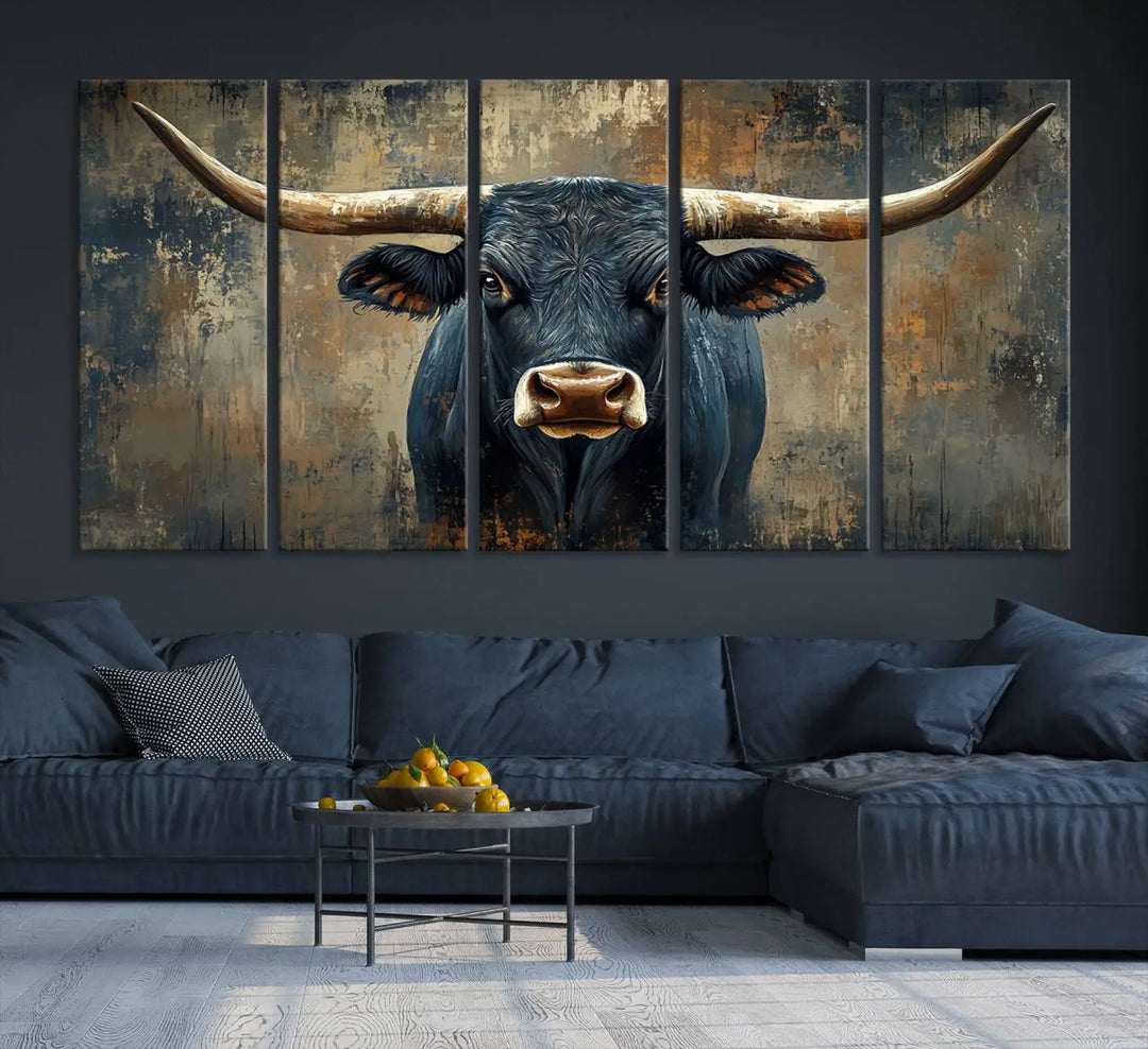 A Texas Western wall art triptych titled "Abstract Cow Longhorn Bull Wall Art Canvas Print" hangs majestically, showcasing its intricate design and bold presence.