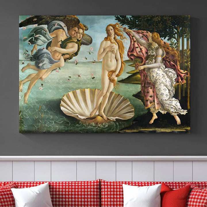 A gallery-quality finish graces the triptych of "The Birth of Venus Sandro Botticelli Reproduction Canvas Print Classic Print," elegantly showcased as a stunning centerpiece. This exquisite canvas artwork enhances the living room's decor, serving as an eye-catching focal point in the space.