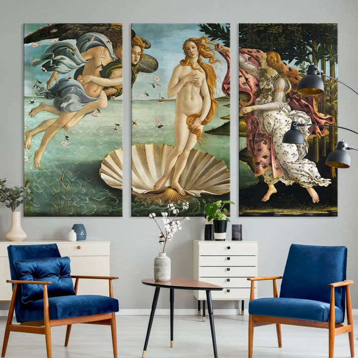 A gallery-quality finish graces the triptych of "The Birth of Venus Sandro Botticelli Reproduction Canvas Print Classic Print," elegantly showcased as a stunning centerpiece. This exquisite canvas artwork enhances the living room's decor, serving as an eye-catching focal point in the space.