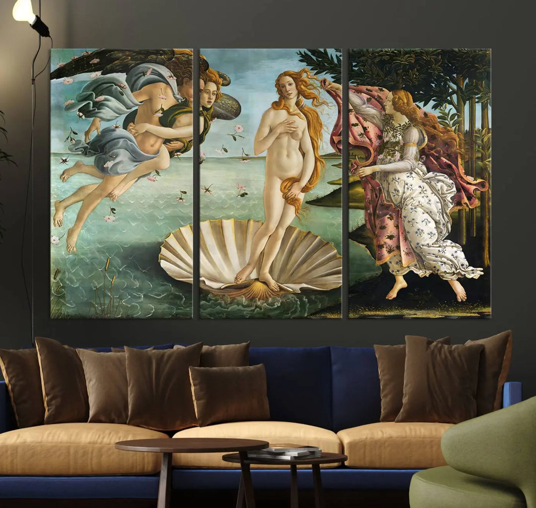 A gallery-quality finish graces the triptych of "The Birth of Venus Sandro Botticelli Reproduction Canvas Print Classic Print," elegantly showcased as a stunning centerpiece. This exquisite canvas artwork enhances the living room's decor, serving as an eye-catching focal point in the space.