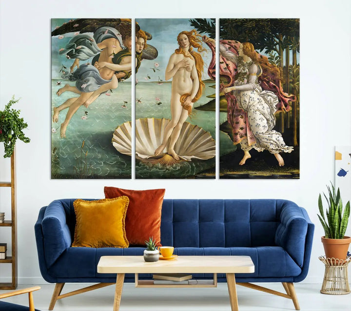 A gallery-quality finish graces the triptych of "The Birth of Venus Sandro Botticelli Reproduction Canvas Print Classic Print," elegantly showcased as a stunning centerpiece. This exquisite canvas artwork enhances the living room's decor, serving as an eye-catching focal point in the space.