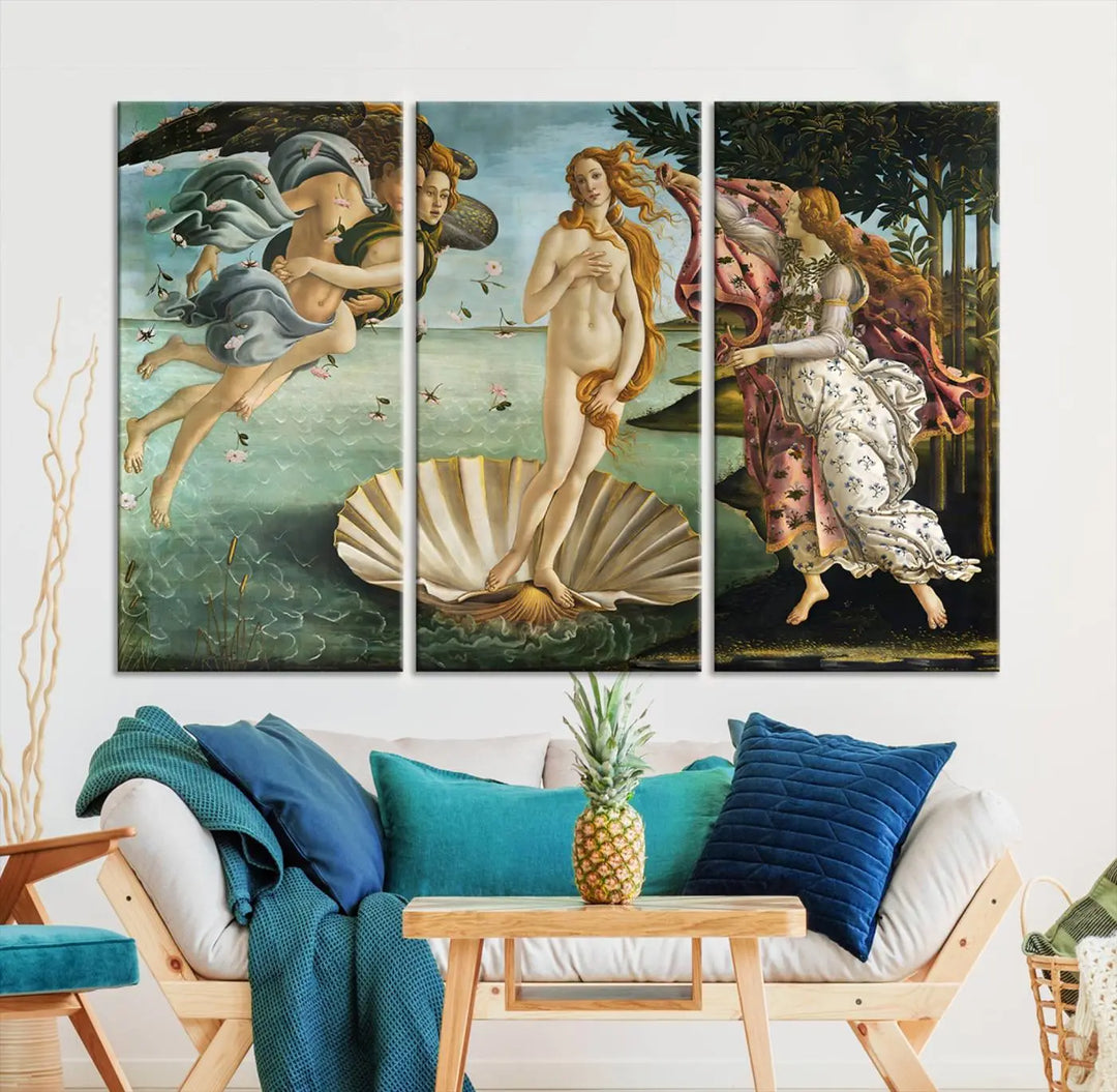 A gallery-quality finish graces the triptych of "The Birth of Venus Sandro Botticelli Reproduction Canvas Print Classic Print," elegantly showcased as a stunning centerpiece. This exquisite canvas artwork enhances the living room's decor, serving as an eye-catching focal point in the space.