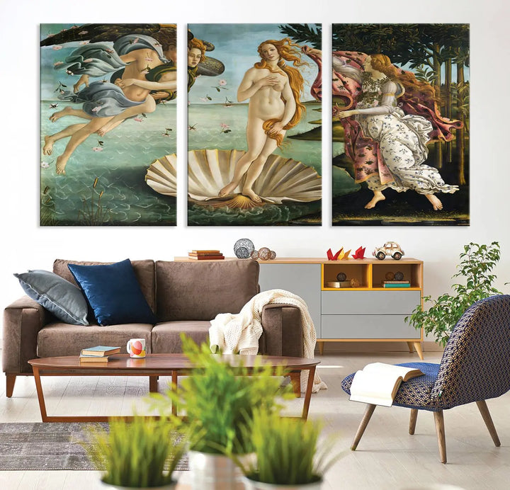 A gallery-quality finish graces the triptych of "The Birth of Venus Sandro Botticelli Reproduction Canvas Print Classic Print," elegantly showcased as a stunning centerpiece. This exquisite canvas artwork enhances the living room's decor, serving as an eye-catching focal point in the space.