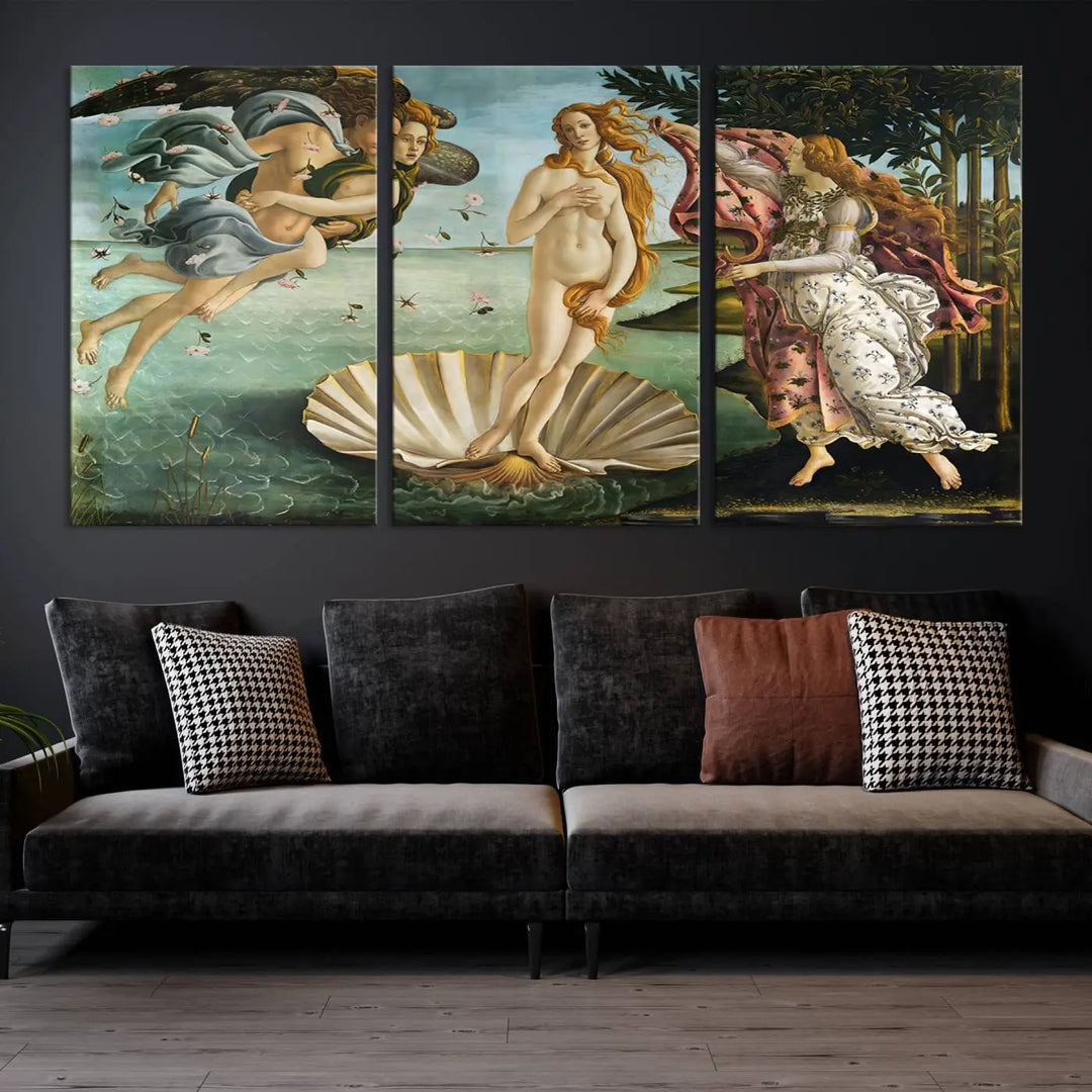 A gallery-quality finish graces the triptych of "The Birth of Venus Sandro Botticelli Reproduction Canvas Print Classic Print," elegantly showcased as a stunning centerpiece. This exquisite canvas artwork enhances the living room's decor, serving as an eye-catching focal point in the space.