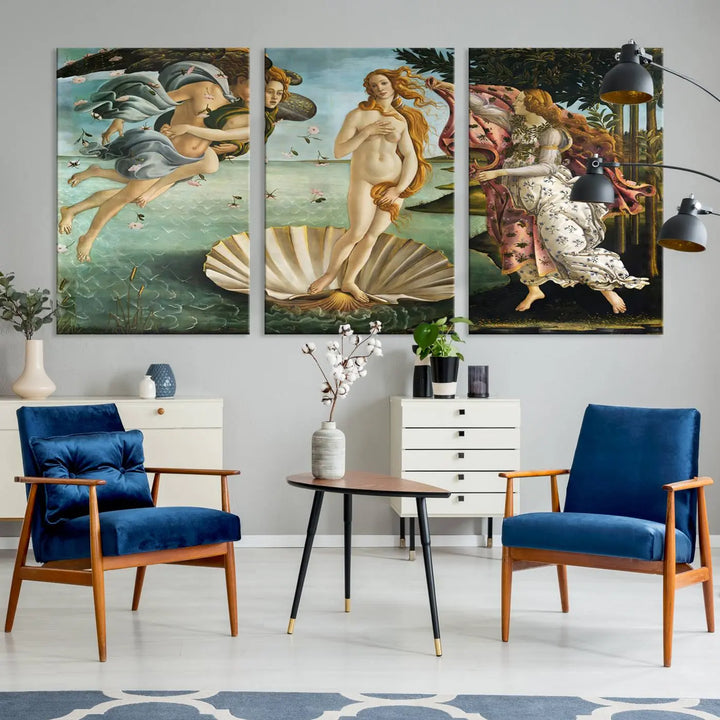 A gallery-quality finish graces the triptych of "The Birth of Venus Sandro Botticelli Reproduction Canvas Print Classic Print," elegantly showcased as a stunning centerpiece. This exquisite canvas artwork enhances the living room's decor, serving as an eye-catching focal point in the space.