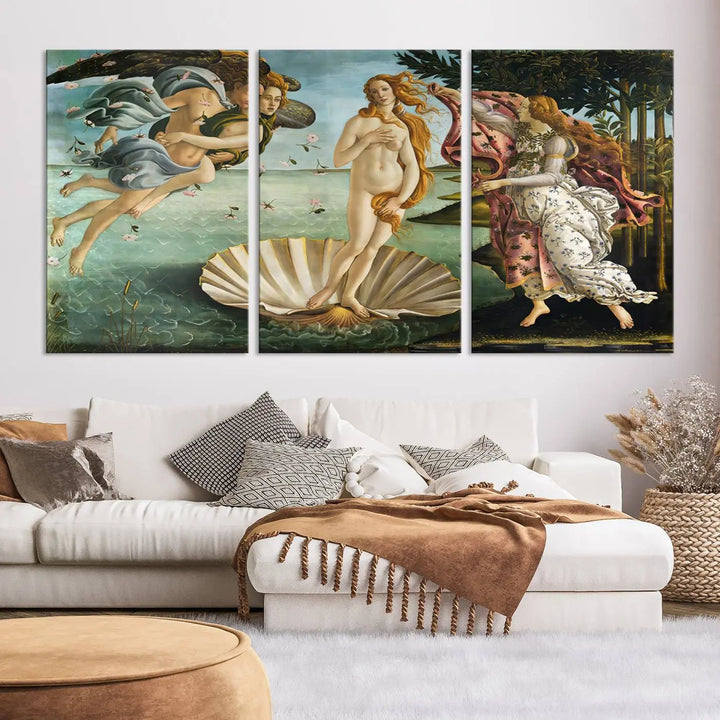 A gallery-quality finish graces the triptych of "The Birth of Venus Sandro Botticelli Reproduction Canvas Print Classic Print," elegantly showcased as a stunning centerpiece. This exquisite canvas artwork enhances the living room's decor, serving as an eye-catching focal point in the space.