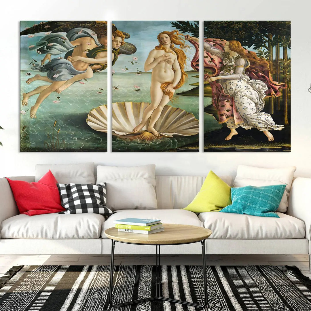 A gallery-quality finish graces the triptych of "The Birth of Venus Sandro Botticelli Reproduction Canvas Print Classic Print," elegantly showcased as a stunning centerpiece. This exquisite canvas artwork enhances the living room's decor, serving as an eye-catching focal point in the space.