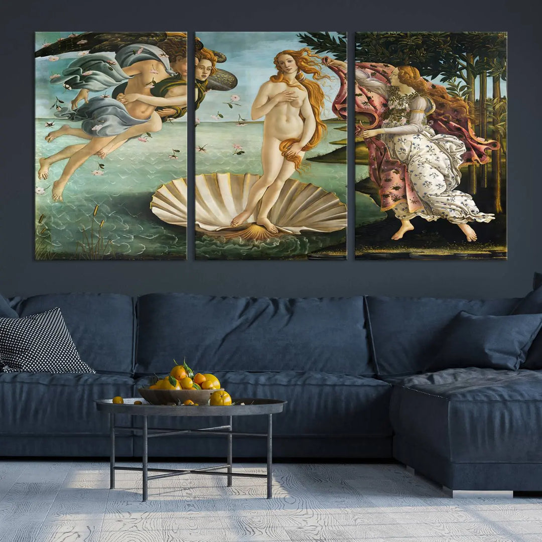 A gallery-quality finish graces the triptych of "The Birth of Venus Sandro Botticelli Reproduction Canvas Print Classic Print," elegantly showcased as a stunning centerpiece. This exquisite canvas artwork enhances the living room's decor, serving as an eye-catching focal point in the space.