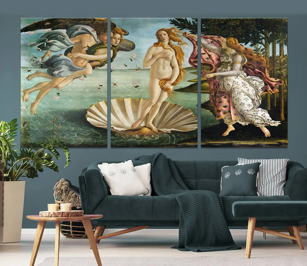 A gallery-quality finish graces the triptych of "The Birth of Venus Sandro Botticelli Reproduction Canvas Print Classic Print," elegantly showcased as a stunning centerpiece. This exquisite canvas artwork enhances the living room's decor, serving as an eye-catching focal point in the space.