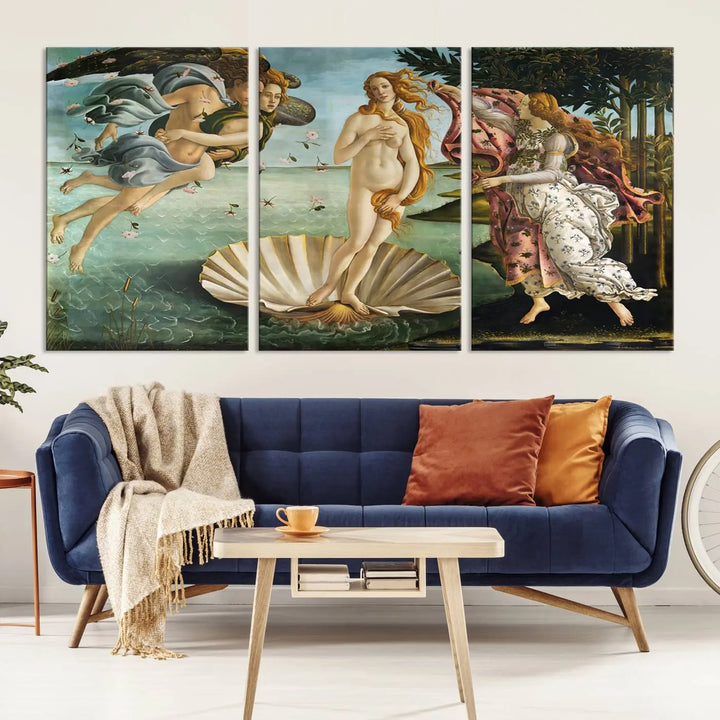 A gallery-quality finish graces the triptych of "The Birth of Venus Sandro Botticelli Reproduction Canvas Print Classic Print," elegantly showcased as a stunning centerpiece. This exquisite canvas artwork enhances the living room's decor, serving as an eye-catching focal point in the space.