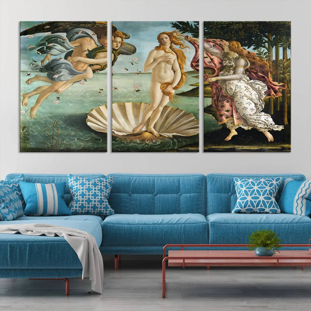 A gallery-quality finish graces the triptych of "The Birth of Venus Sandro Botticelli Reproduction Canvas Print Classic Print," elegantly showcased as a stunning centerpiece. This exquisite canvas artwork enhances the living room's decor, serving as an eye-catching focal point in the space.