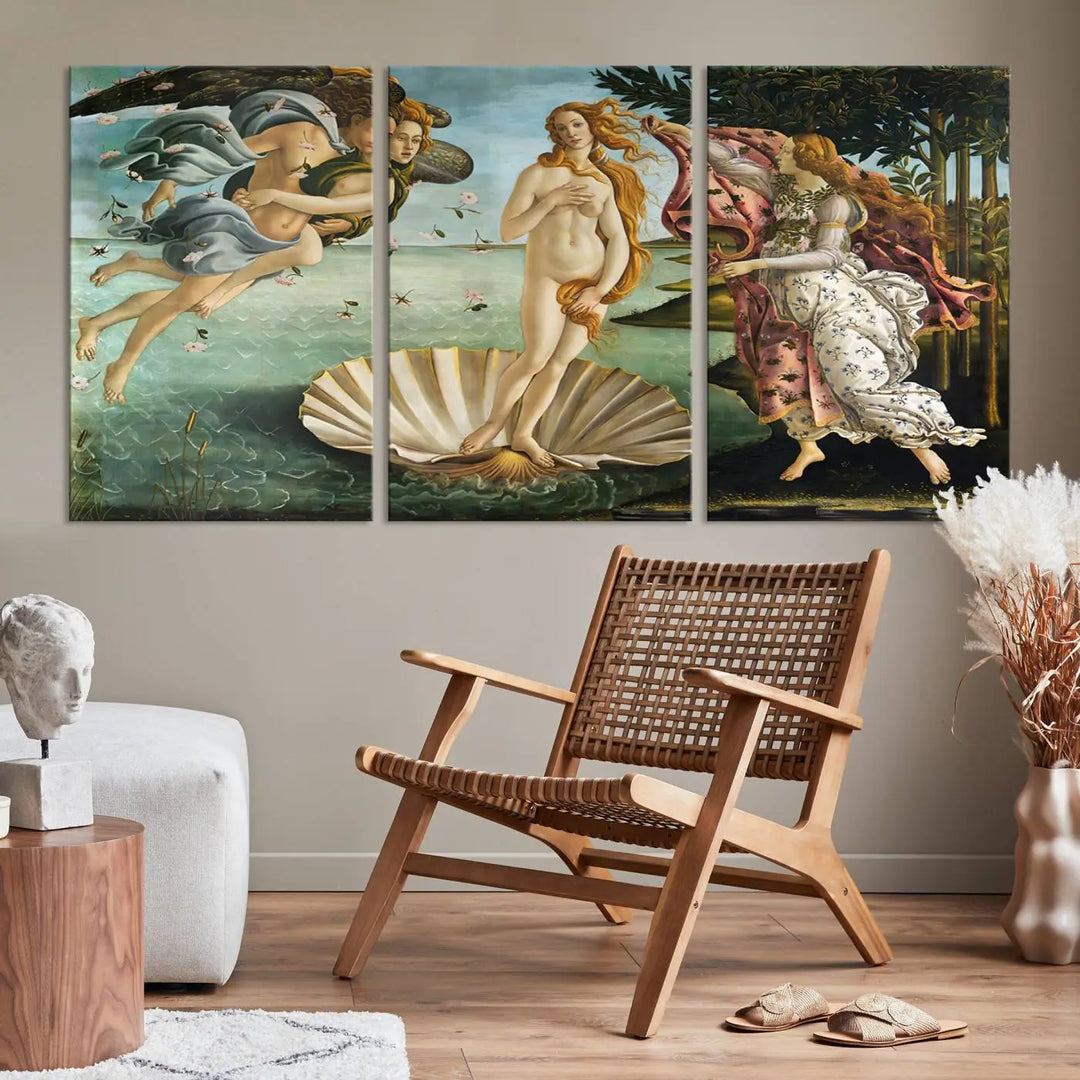 A gallery-quality finish graces the triptych of "The Birth of Venus Sandro Botticelli Reproduction Canvas Print Classic Print," elegantly showcased as a stunning centerpiece. This exquisite canvas artwork enhances the living room's decor, serving as an eye-catching focal point in the space.