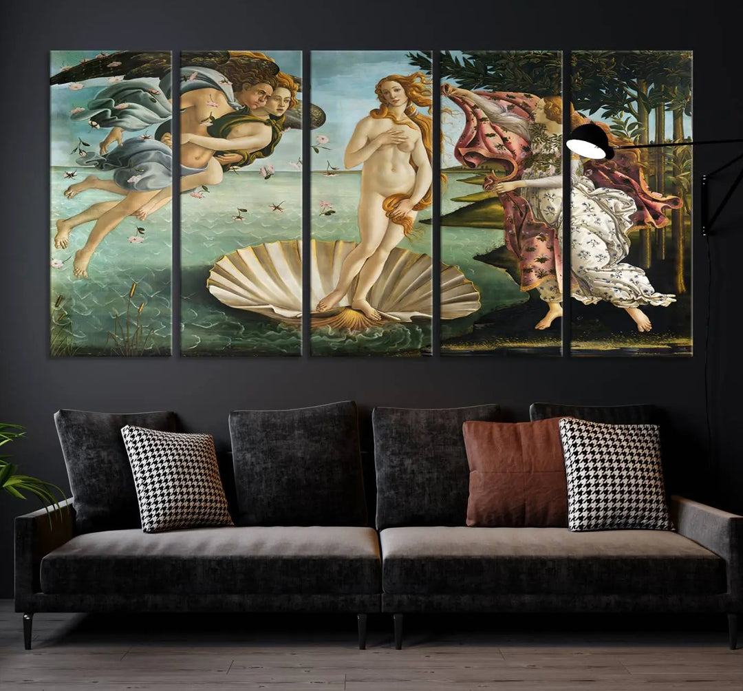 A gallery-quality finish graces the triptych of "The Birth of Venus Sandro Botticelli Reproduction Canvas Print Classic Print," elegantly showcased as a stunning centerpiece. This exquisite canvas artwork enhances the living room's decor, serving as an eye-catching focal point in the space.