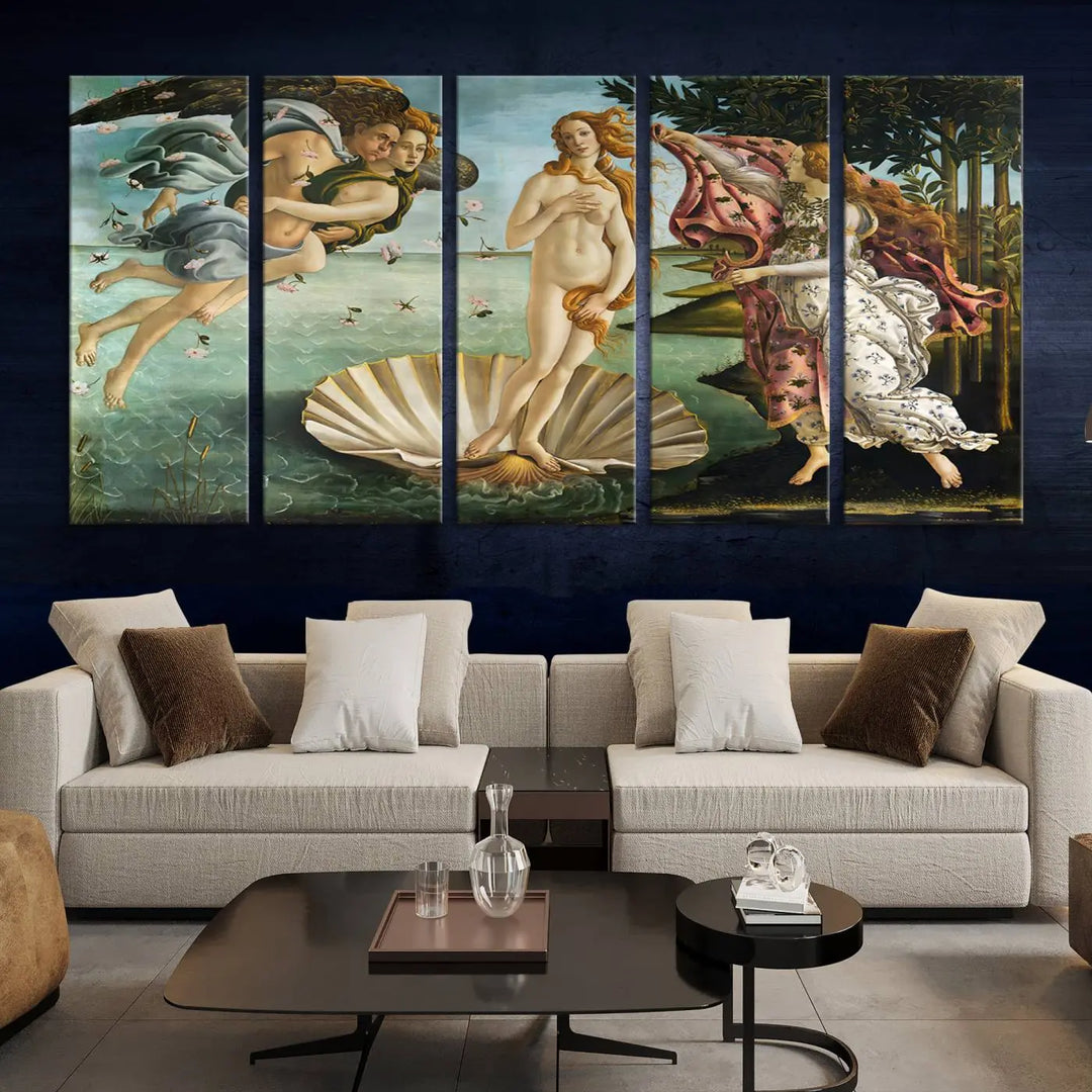 A gallery-quality finish graces the triptych of "The Birth of Venus Sandro Botticelli Reproduction Canvas Print Classic Print," elegantly showcased as a stunning centerpiece. This exquisite canvas artwork enhances the living room's decor, serving as an eye-catching focal point in the space.