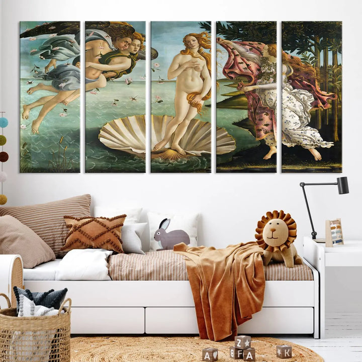 A gallery-quality finish graces the triptych of "The Birth of Venus Sandro Botticelli Reproduction Canvas Print Classic Print," elegantly showcased as a stunning centerpiece. This exquisite canvas artwork enhances the living room's decor, serving as an eye-catching focal point in the space.