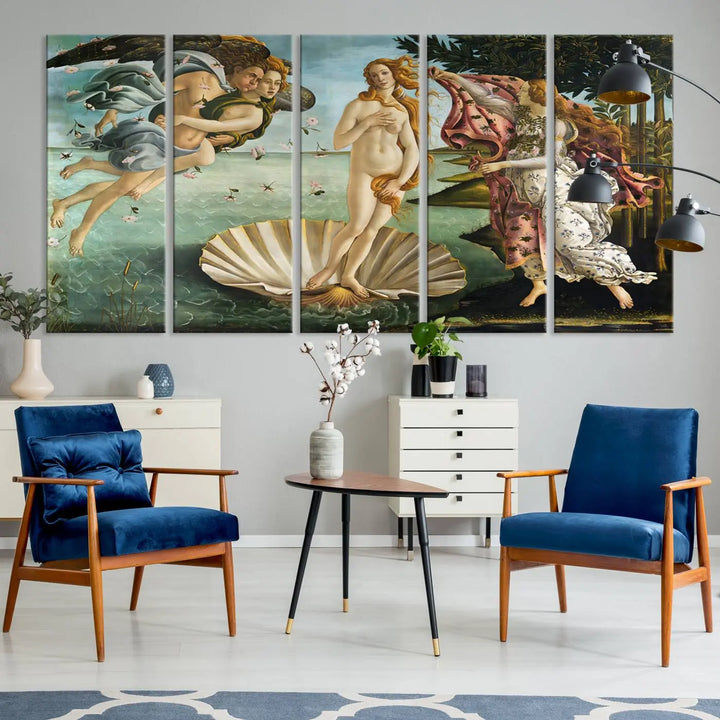 A gallery-quality finish graces the triptych of "The Birth of Venus Sandro Botticelli Reproduction Canvas Print Classic Print," elegantly showcased as a stunning centerpiece. This exquisite canvas artwork enhances the living room's decor, serving as an eye-catching focal point in the space.