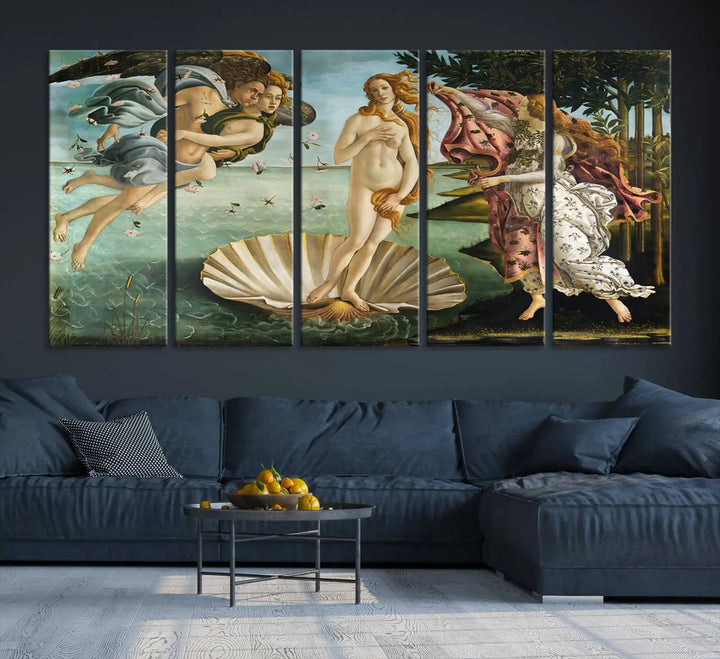 A gallery-quality finish graces the triptych of "The Birth of Venus Sandro Botticelli Reproduction Canvas Print Classic Print," elegantly showcased as a stunning centerpiece. This exquisite canvas artwork enhances the living room's decor, serving as an eye-catching focal point in the space.