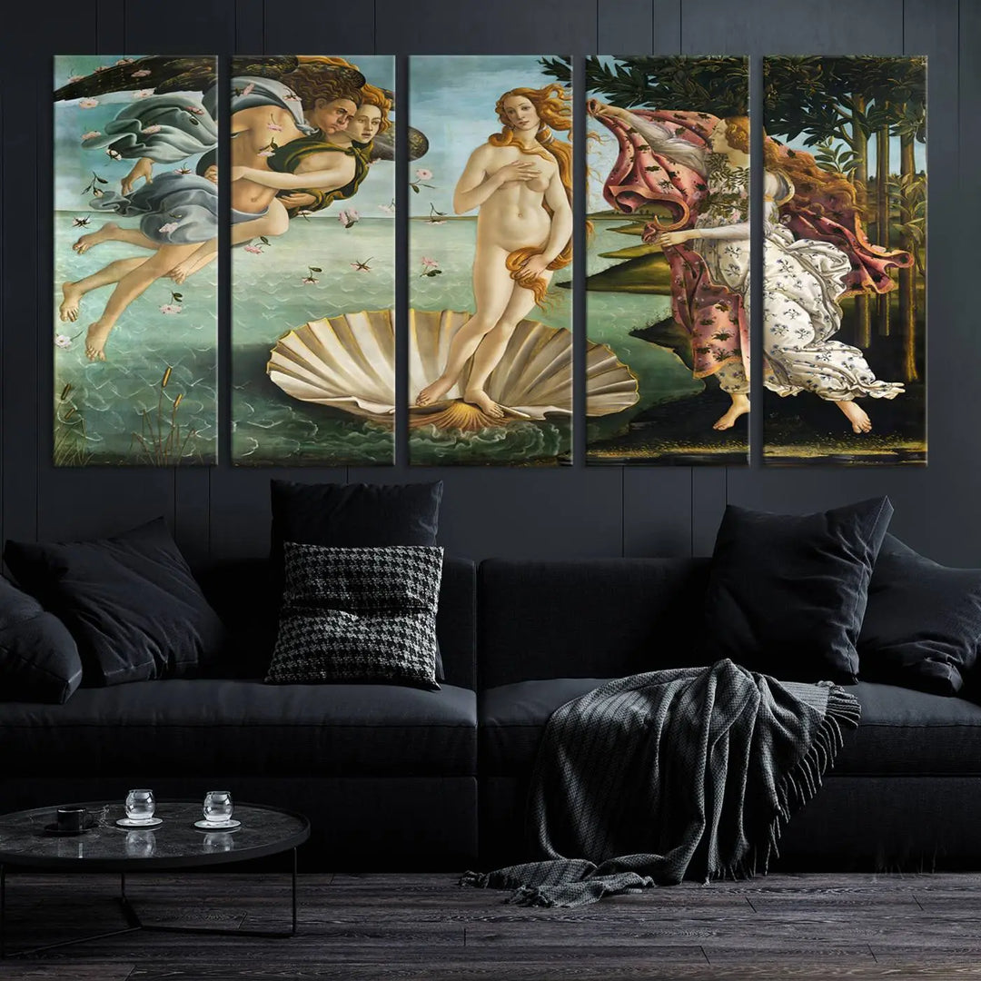 A gallery-quality finish graces the triptych of "The Birth of Venus Sandro Botticelli Reproduction Canvas Print Classic Print," elegantly showcased as a stunning centerpiece. This exquisite canvas artwork enhances the living room's decor, serving as an eye-catching focal point in the space.