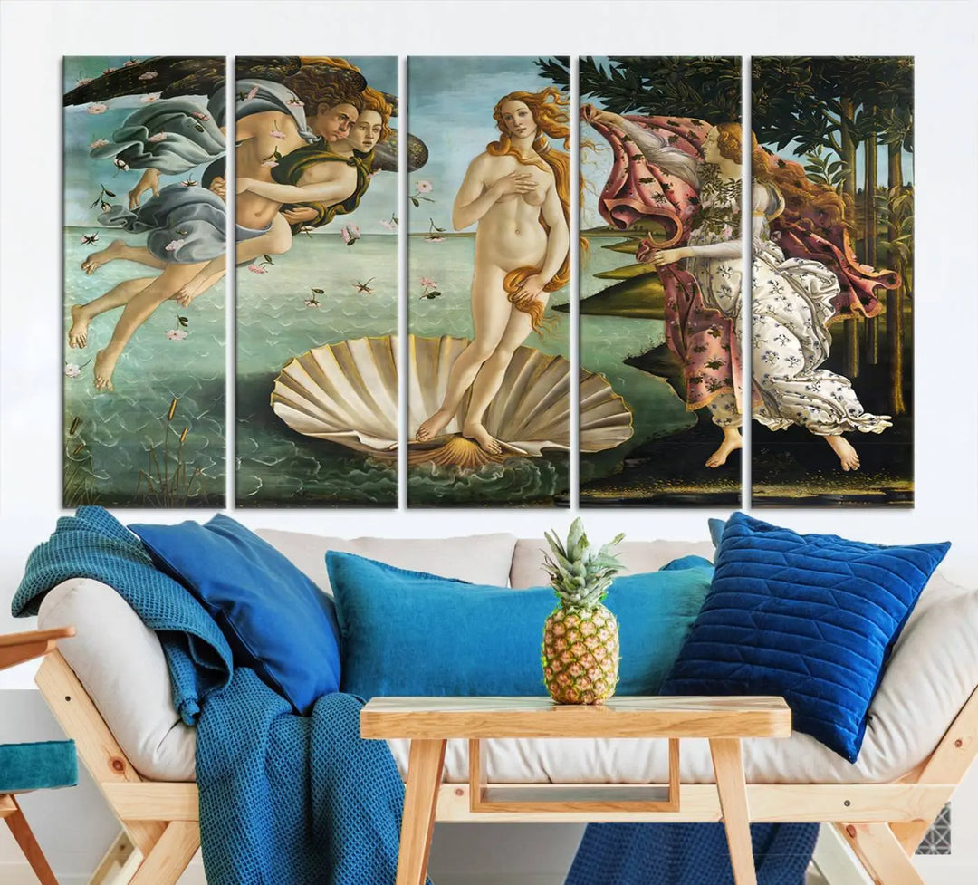 A gallery-quality finish graces the triptych of "The Birth of Venus Sandro Botticelli Reproduction Canvas Print Classic Print," elegantly showcased as a stunning centerpiece. This exquisite canvas artwork enhances the living room's decor, serving as an eye-catching focal point in the space.