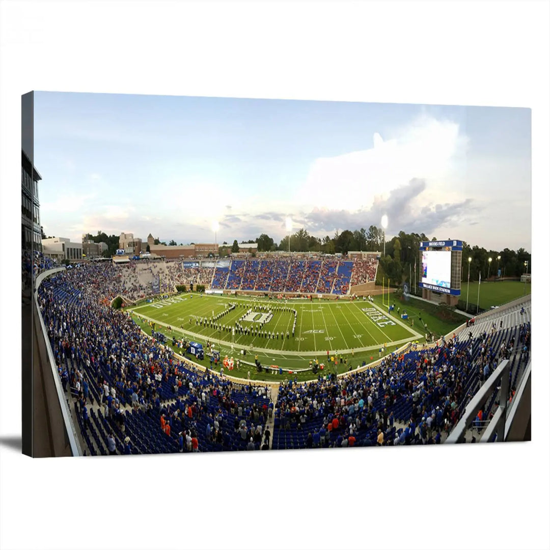 The living room showcases "The Duke University Blue Devils Football Team Print," a split-panel wall art capturing the lively atmosphere of Durham Wallace Wade Stadium. This canvas print is ready to hang and crafted to museum quality standards.