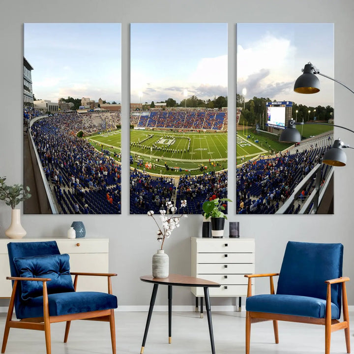 The living room showcases "The Duke University Blue Devils Football Team Print," a split-panel wall art capturing the lively atmosphere of Durham Wallace Wade Stadium. This canvas print is ready to hang and crafted to museum quality standards.