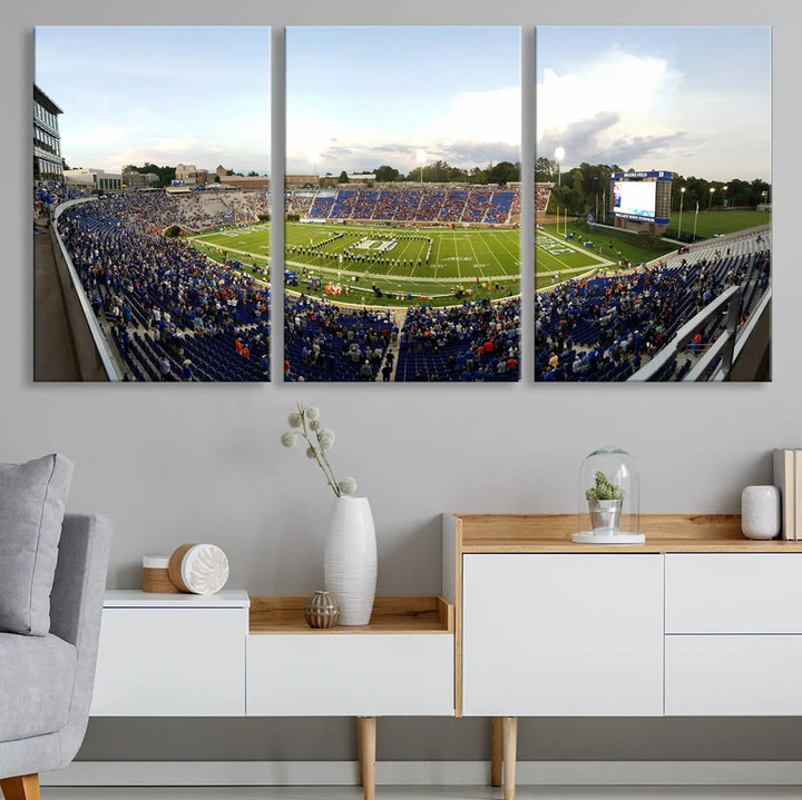 The living room showcases "The Duke University Blue Devils Football Team Print," a split-panel wall art capturing the lively atmosphere of Durham Wallace Wade Stadium. This canvas print is ready to hang and crafted to museum quality standards.