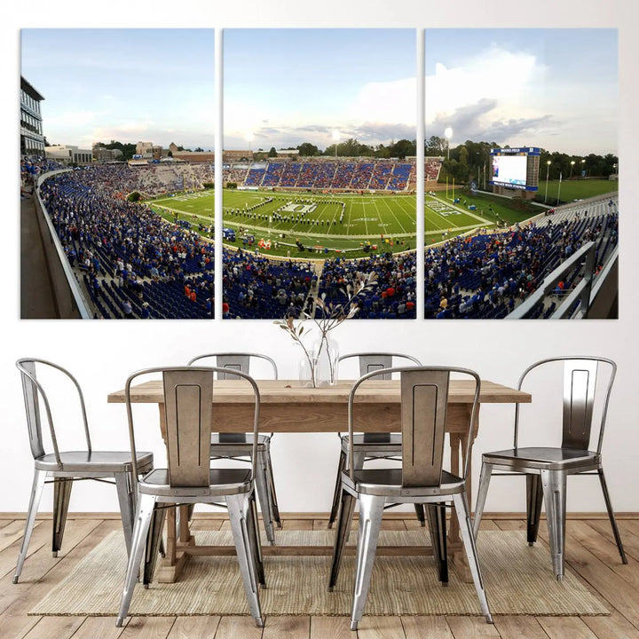 The living room showcases "The Duke University Blue Devils Football Team Print," a split-panel wall art capturing the lively atmosphere of Durham Wallace Wade Stadium. This canvas print is ready to hang and crafted to museum quality standards.