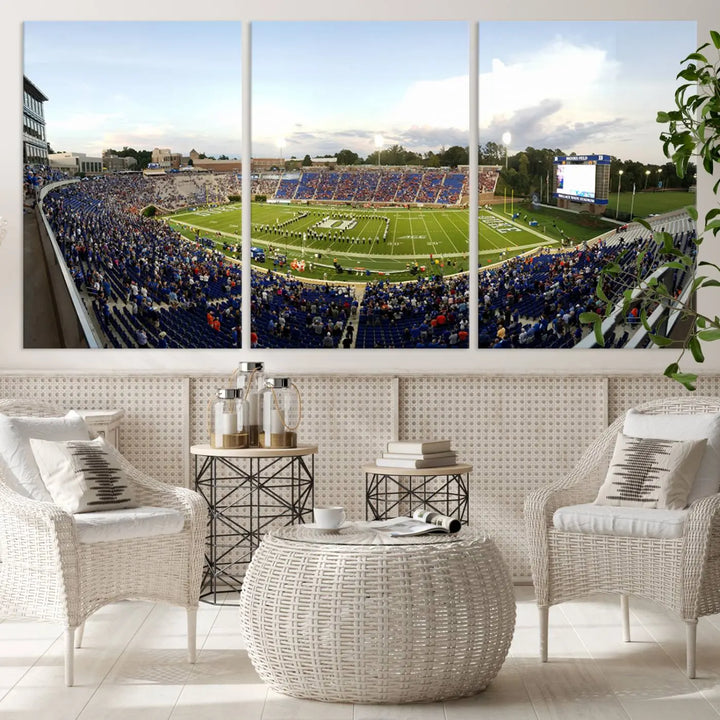 The living room showcases "The Duke University Blue Devils Football Team Print," a split-panel wall art capturing the lively atmosphere of Durham Wallace Wade Stadium. This canvas print is ready to hang and crafted to museum quality standards.