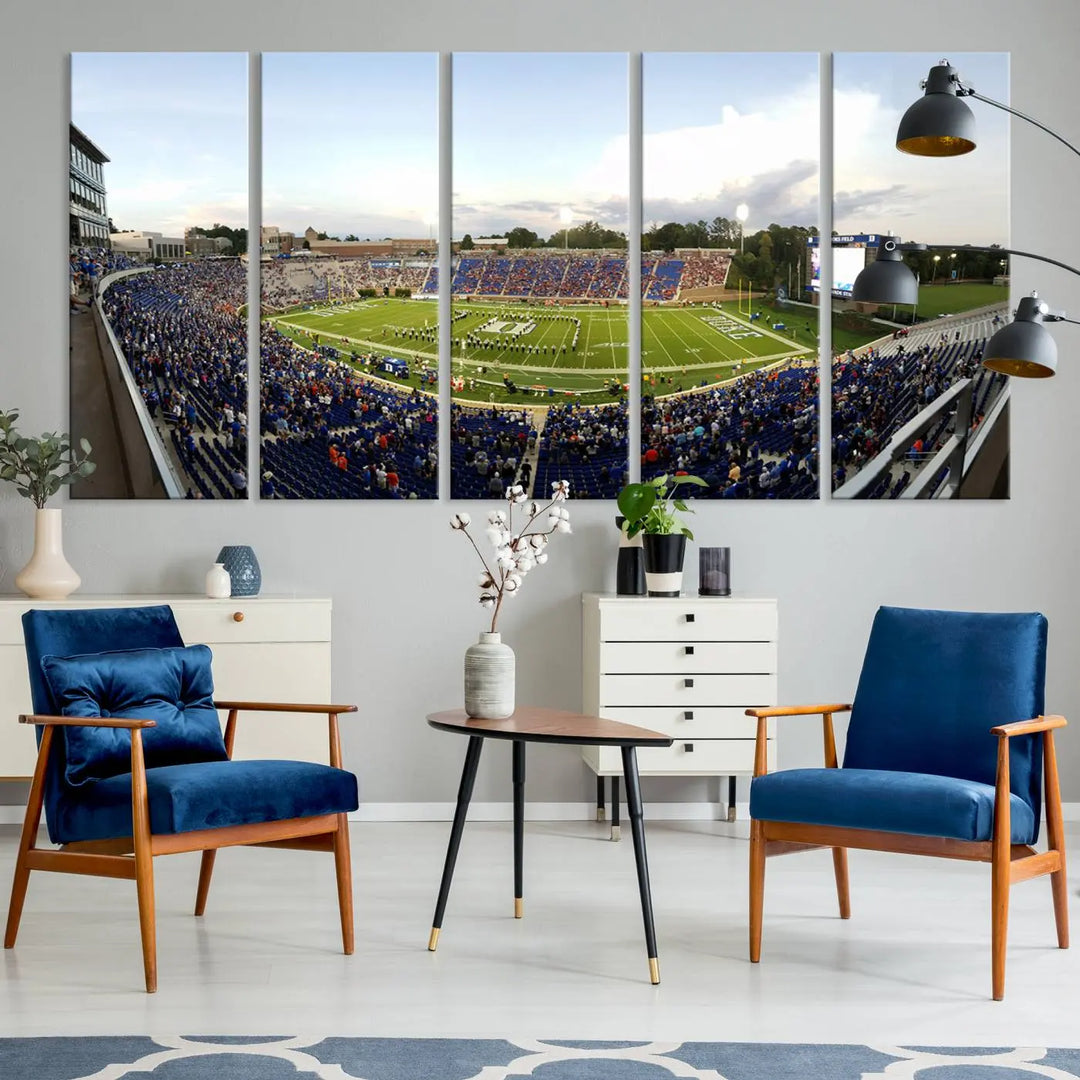 The living room showcases "The Duke University Blue Devils Football Team Print," a split-panel wall art capturing the lively atmosphere of Durham Wallace Wade Stadium. This canvas print is ready to hang and crafted to museum quality standards.